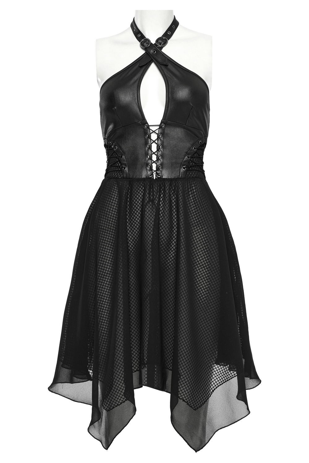 Punk Halter Neck Dress with Lace-Up and Chiffon Hem
