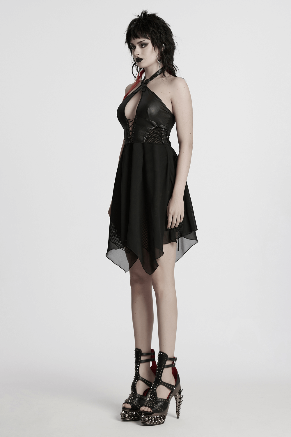 Punk Halter Neck Dress with Lace-Up and Chiffon Hem