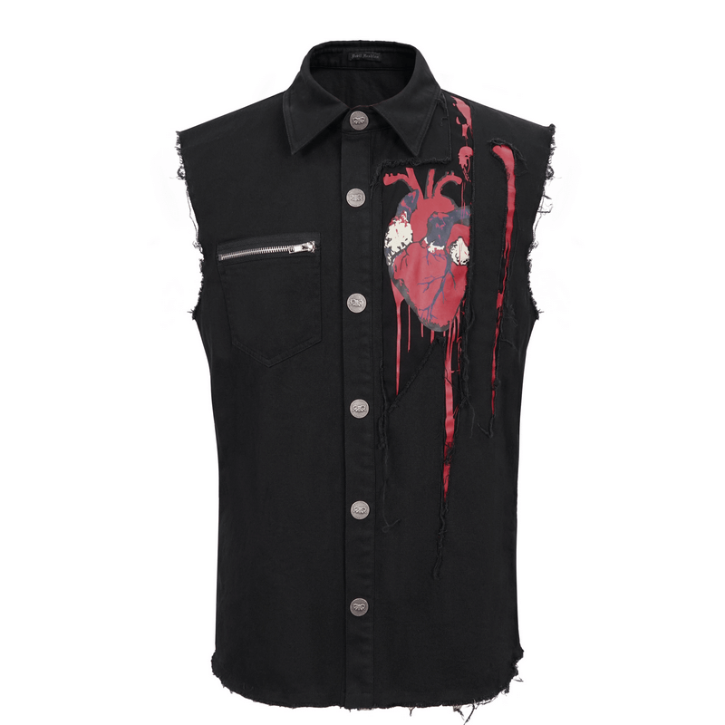 Punk Heart Printed Ripped Sleeveless Shirts / Male Cotton Buttons Black Shirt