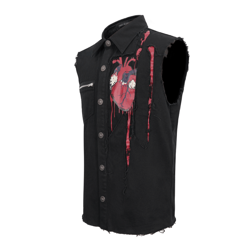 Punk Heart Printed Ripped Sleeveless Shirts / Male Cotton Buttons Black Shirt