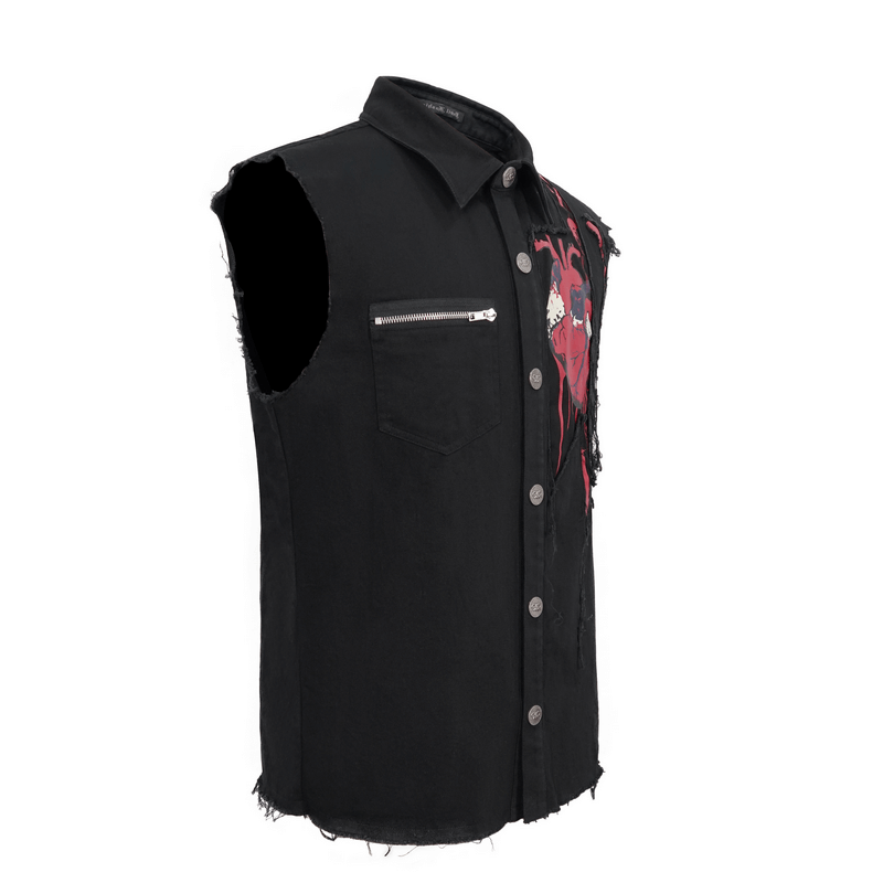 Punk Heart Printed Ripped Sleeveless Shirts / Male Cotton Buttons Black Shirt