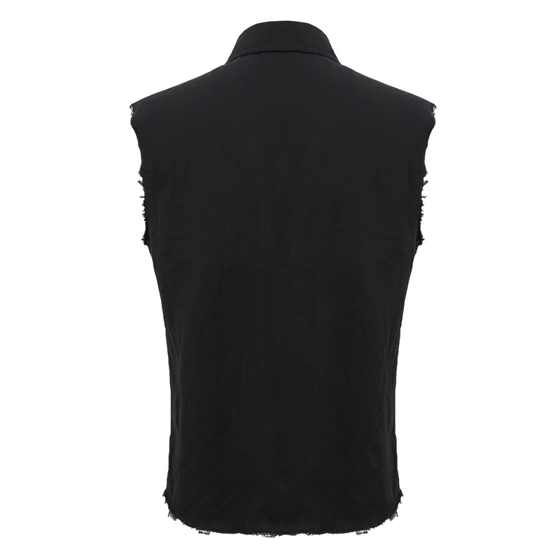 Punk Heart Printed Ripped Sleeveless Shirts / Male Cotton Buttons Black Shirt