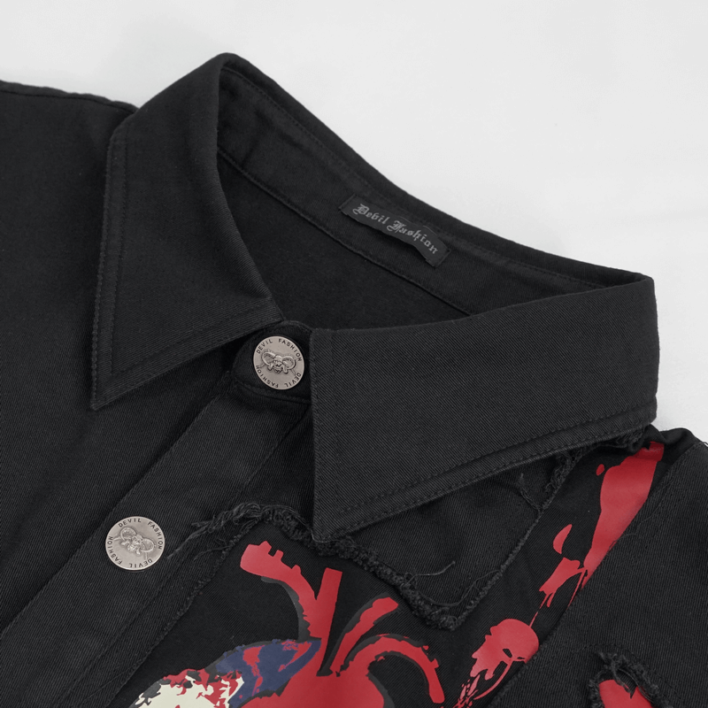 Punk Heart Printed Ripped Sleeveless Shirts / Male Cotton Buttons Black Shirt