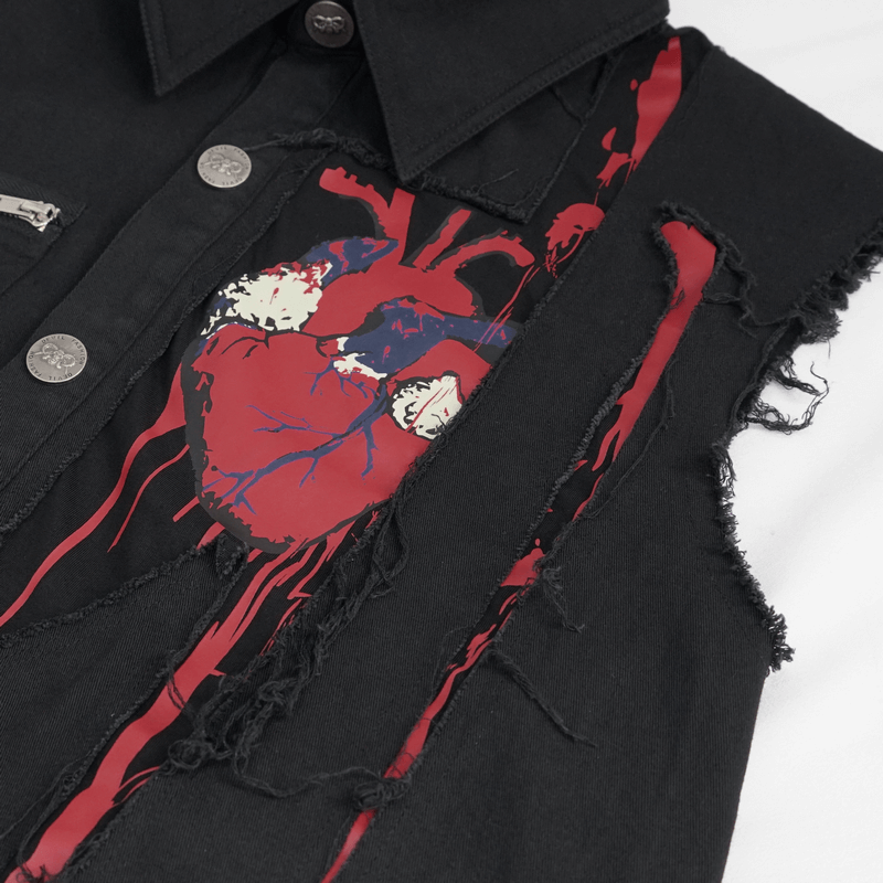 Punk Heart Printed Ripped Sleeveless Shirts / Male Cotton Buttons Black Shirt