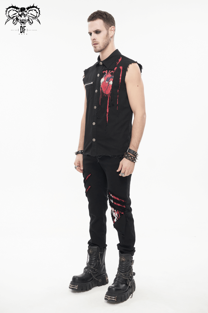 Punk Heart Printed Ripped Sleeveless Shirts / Male Cotton Buttons Black Shirt
