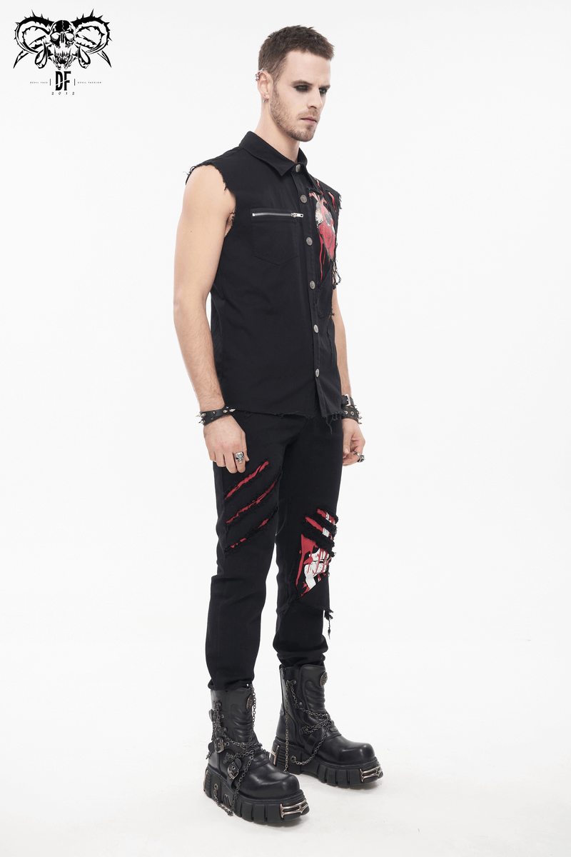 Punk Heart Printed Ripped Sleeveless Shirts / Male Cotton Buttons Black Shirt