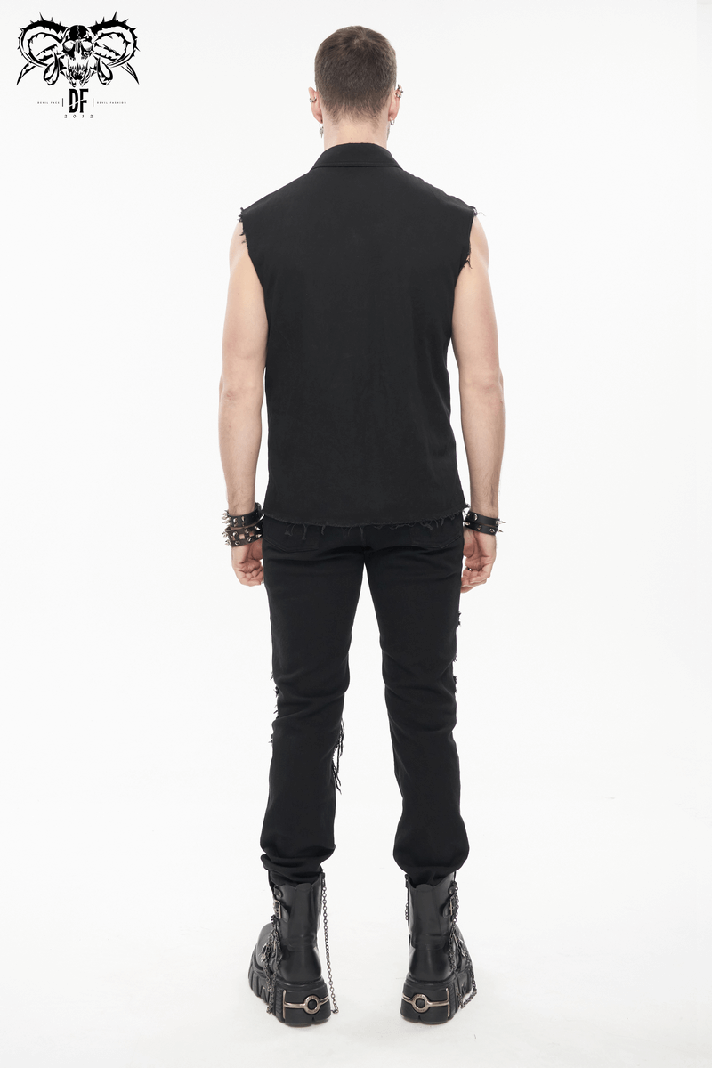 Punk Heart Printed Ripped Sleeveless Shirts / Male Cotton Buttons Black Shirt
