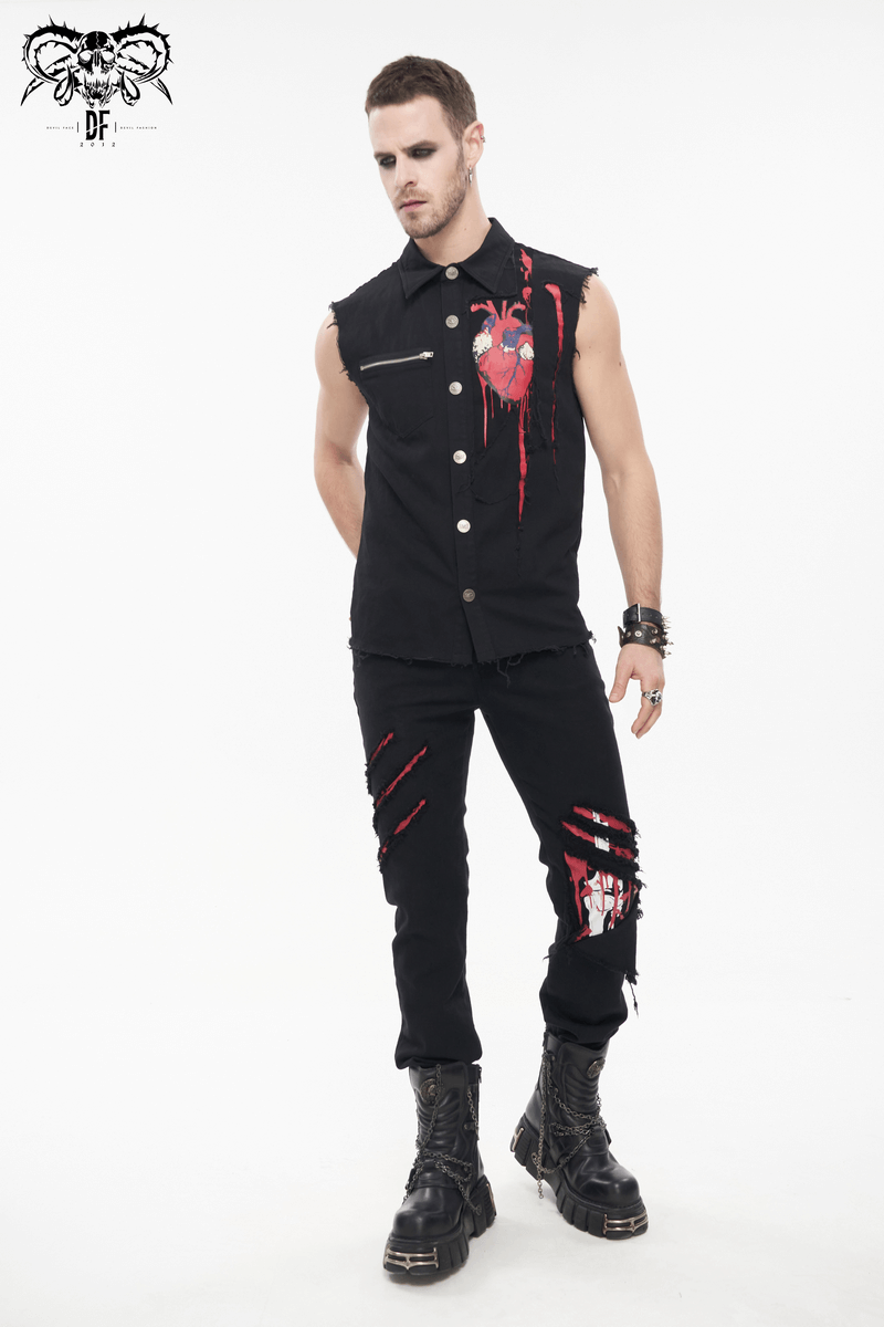 Punk Heart Printed Ripped Sleeveless Shirts / Male Cotton Buttons Black Shirt