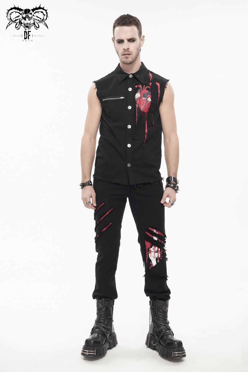 Punk Heart Printed Ripped Sleeveless Shirts / Male Cotton Buttons Black Shirt