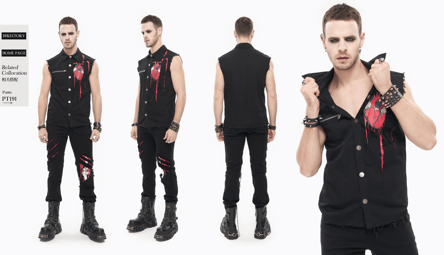 Punk Heart Printed Ripped Sleeveless Shirts / Male Cotton Buttons Black Shirt