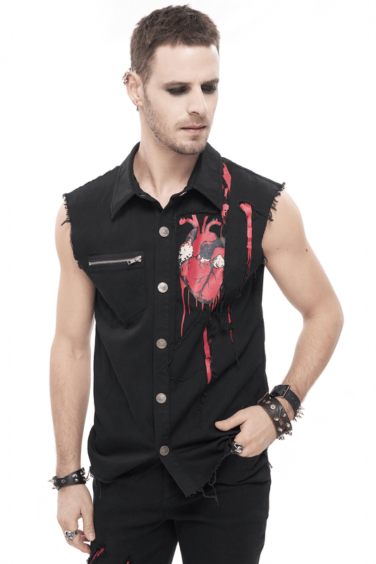 Punk Heart Printed Ripped Sleeveless Shirts / Male Cotton Buttons Black Shirt