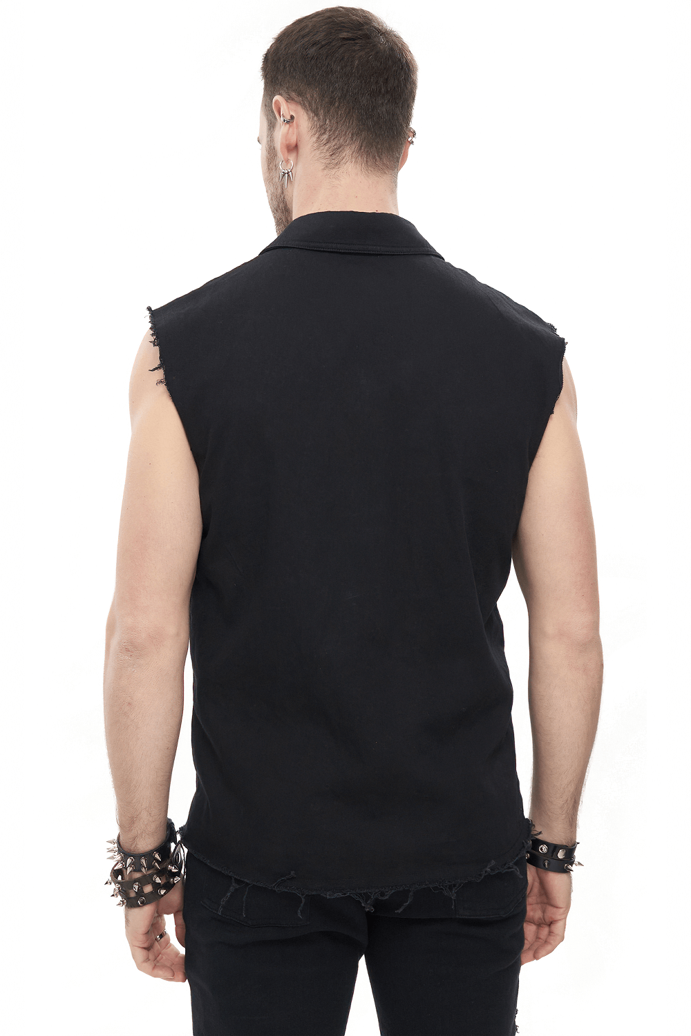 Punk Heart Printed Ripped Sleeveless Shirts / Male Cotton Buttons Black Shirt