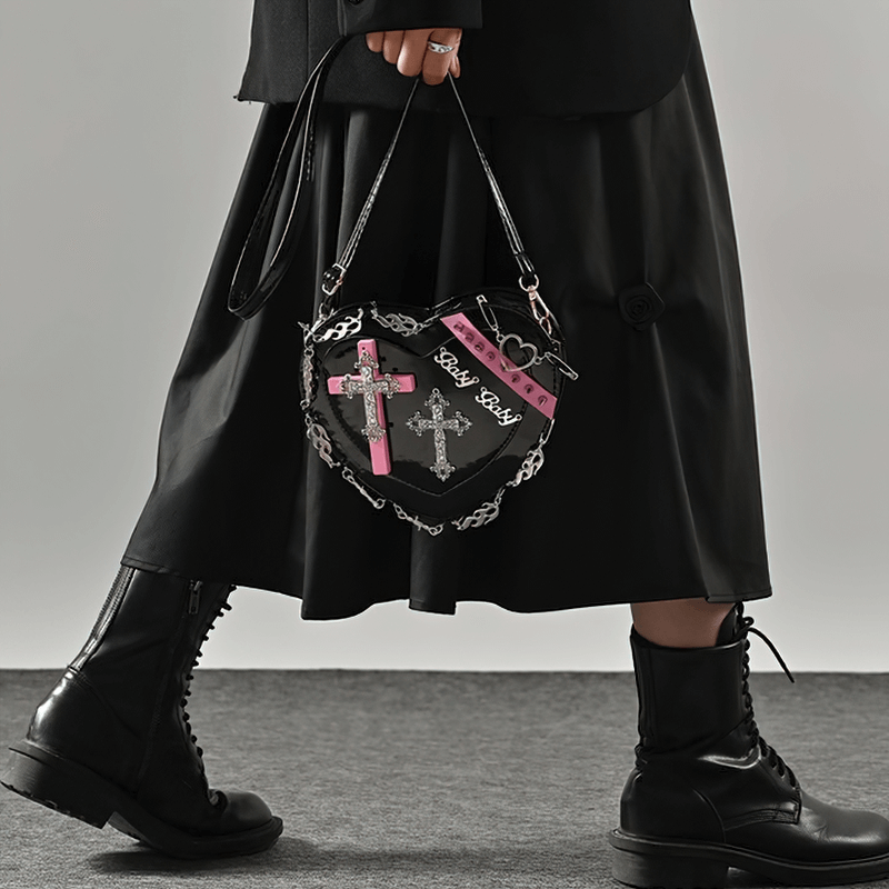 Punk Heart Shape Bag With Crosses Decor / Women's Rivets Shoulder Bag