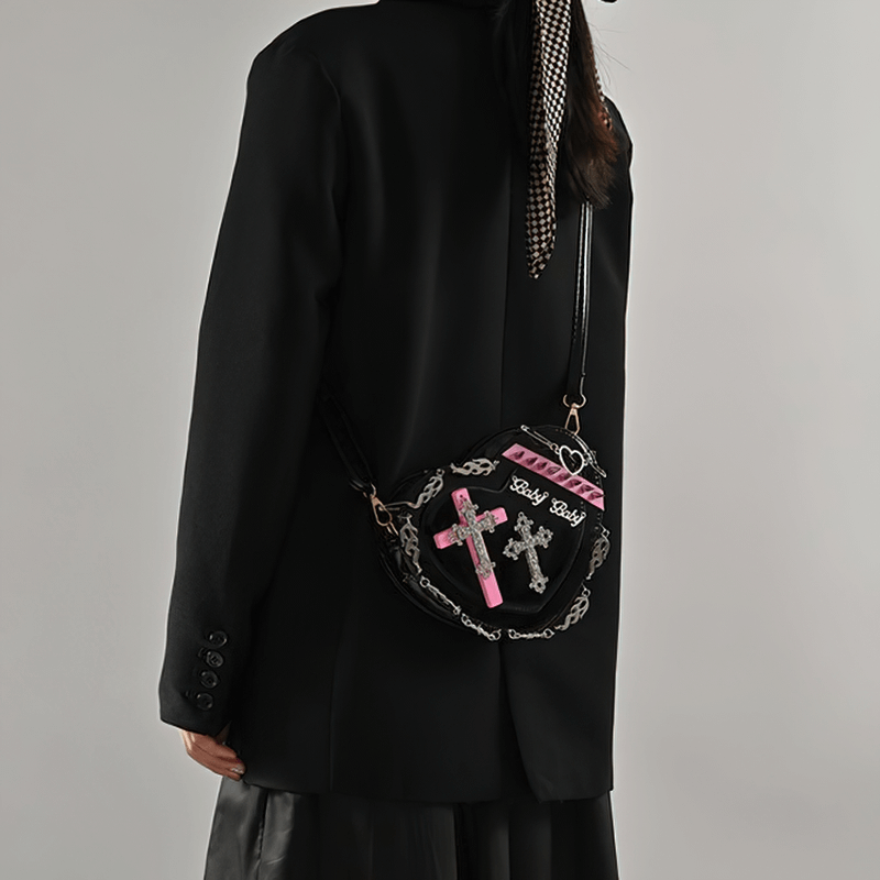 Punk Heart Shape Bag With Crosses Decor / Women's Rivets Shoulder Bag