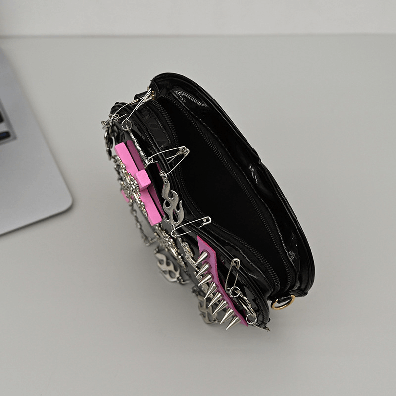 Punk Heart Shape Bag With Crosses Decor / Women's Rivets Shoulder Bag