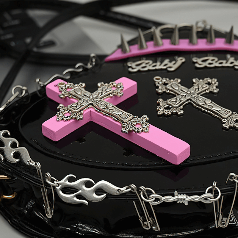 Punk Heart Shape Bag With Crosses Decor / Women's Rivets Shoulder Bag