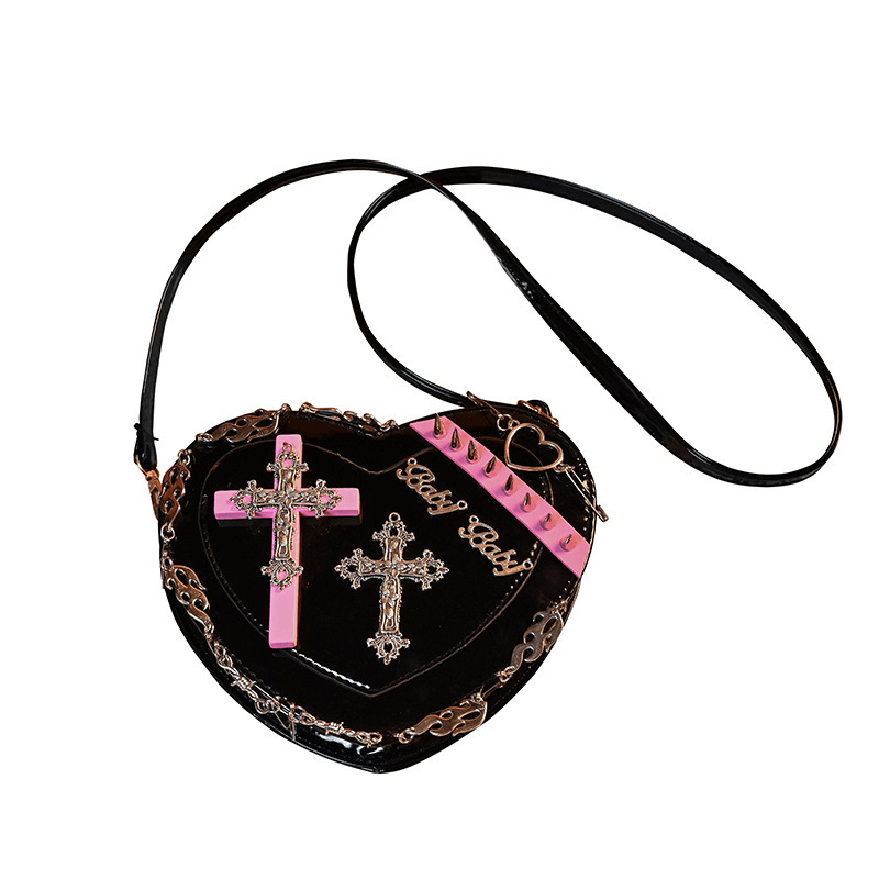Punk Heart Shape Bag With Crosses Decor / Women's Rivets Shoulder Bag