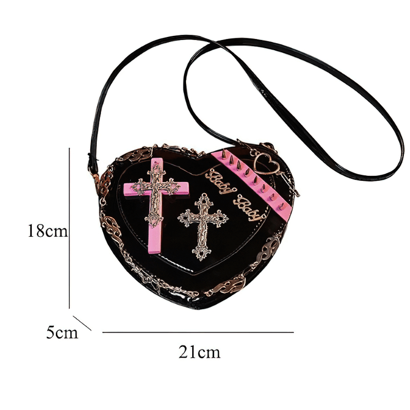 Punk Heart Shape Bag With Crosses Decor / Women's Rivets Shoulder Bag