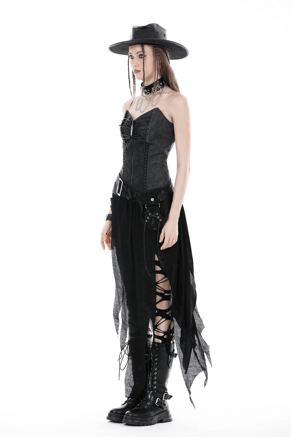 Punk High-Low Skirt with Asymmetrical Hem and Lace Detail