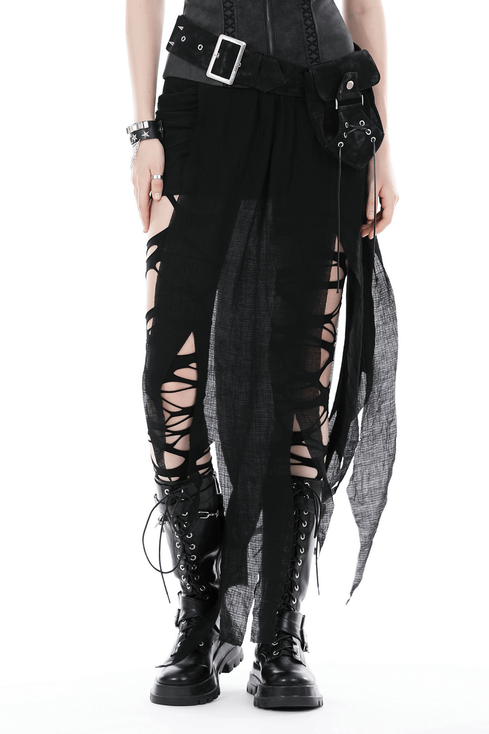 Punk High-Low Skirt with Asymmetrical Hem and Lace Detail
