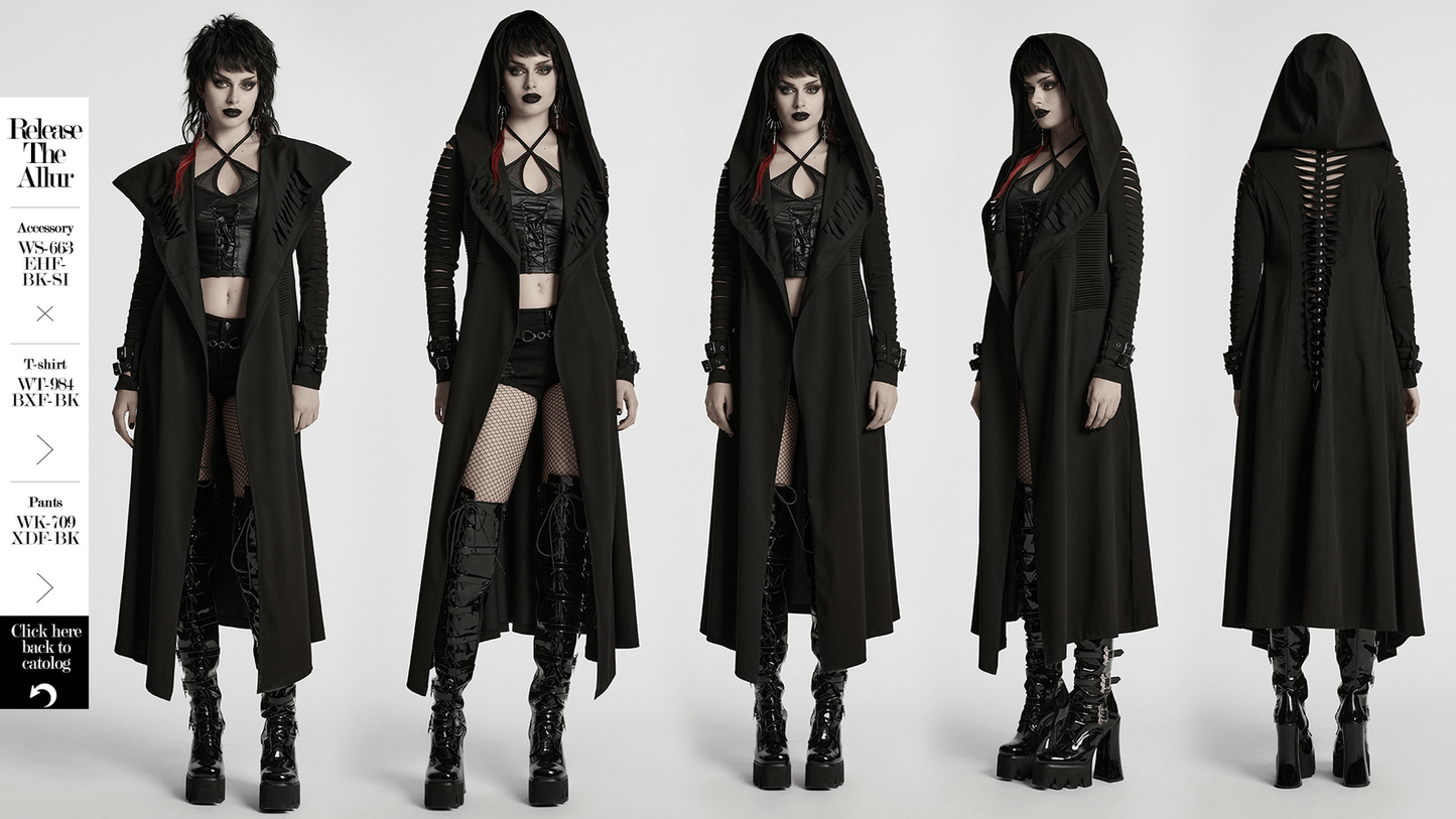 Punk Hooded Cut Washed Cape with Side Pockets and Loops
