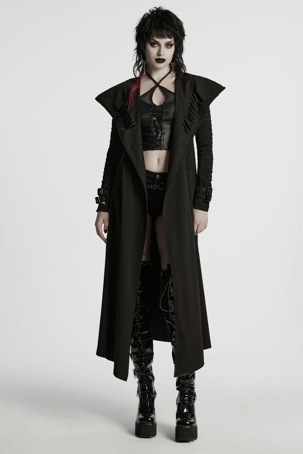 Punk Hooded Cut Washed Cape with Side Pockets and Loops