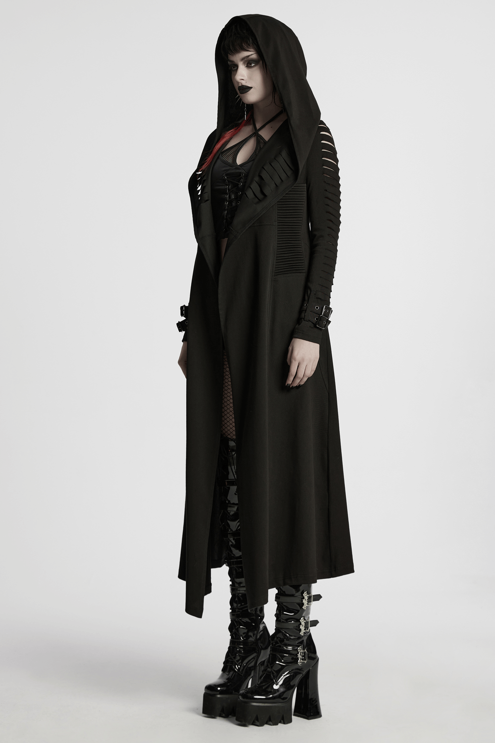 Punk Hooded Cut Washed Cape with Side Pockets and Loops
