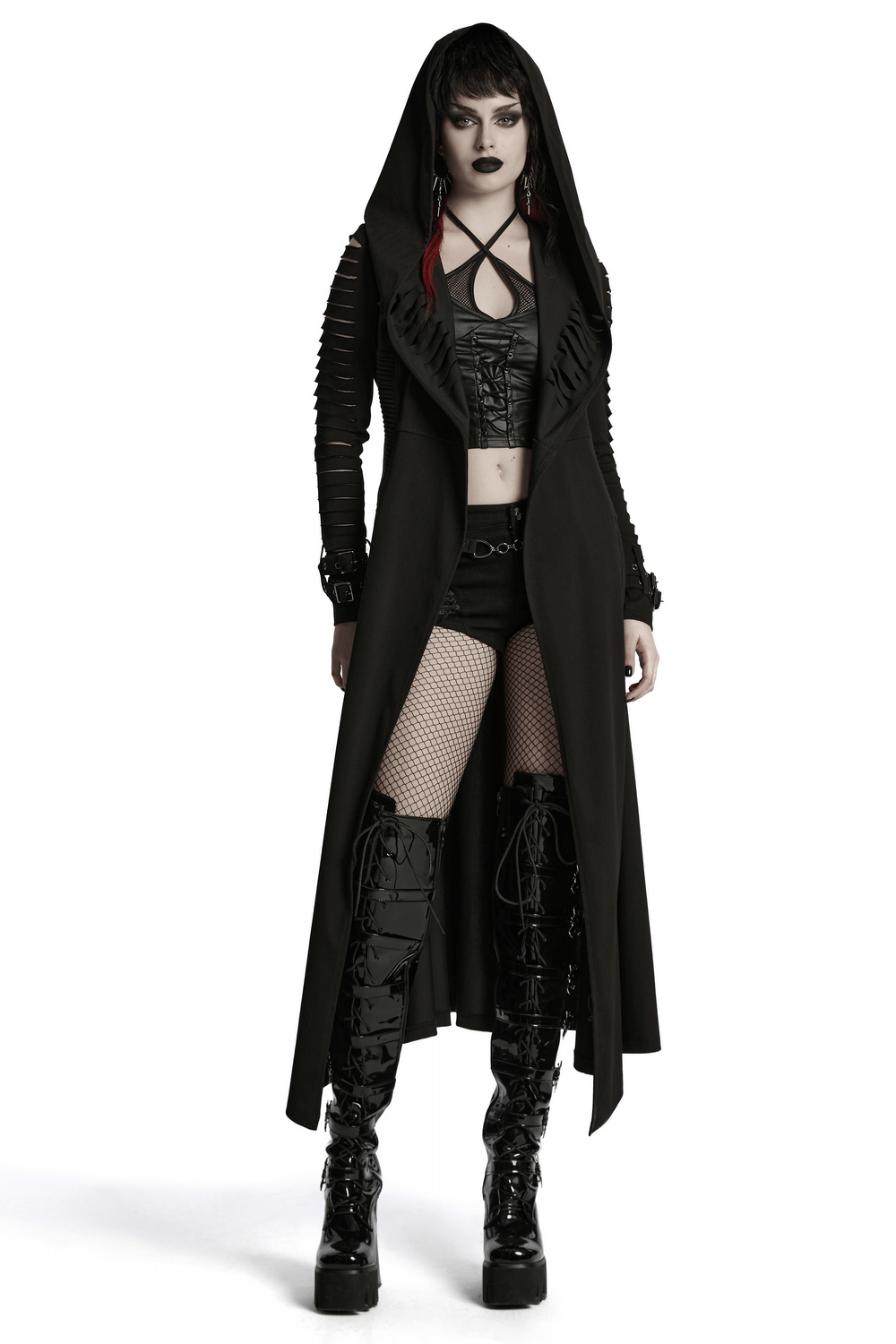Punk Hooded Cut Washed Cape with Side Pockets and Loops
