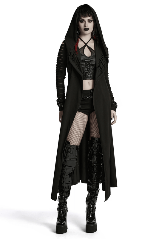 Punk Hooded Cut Washed Cape with Side Pockets and Loops
