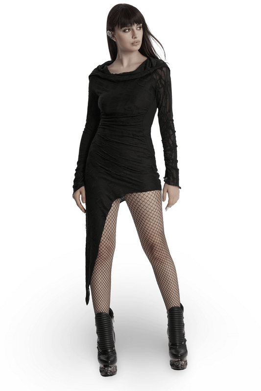 Punk Hooded Dress with Asymmetrical Hem and Textured Mesh