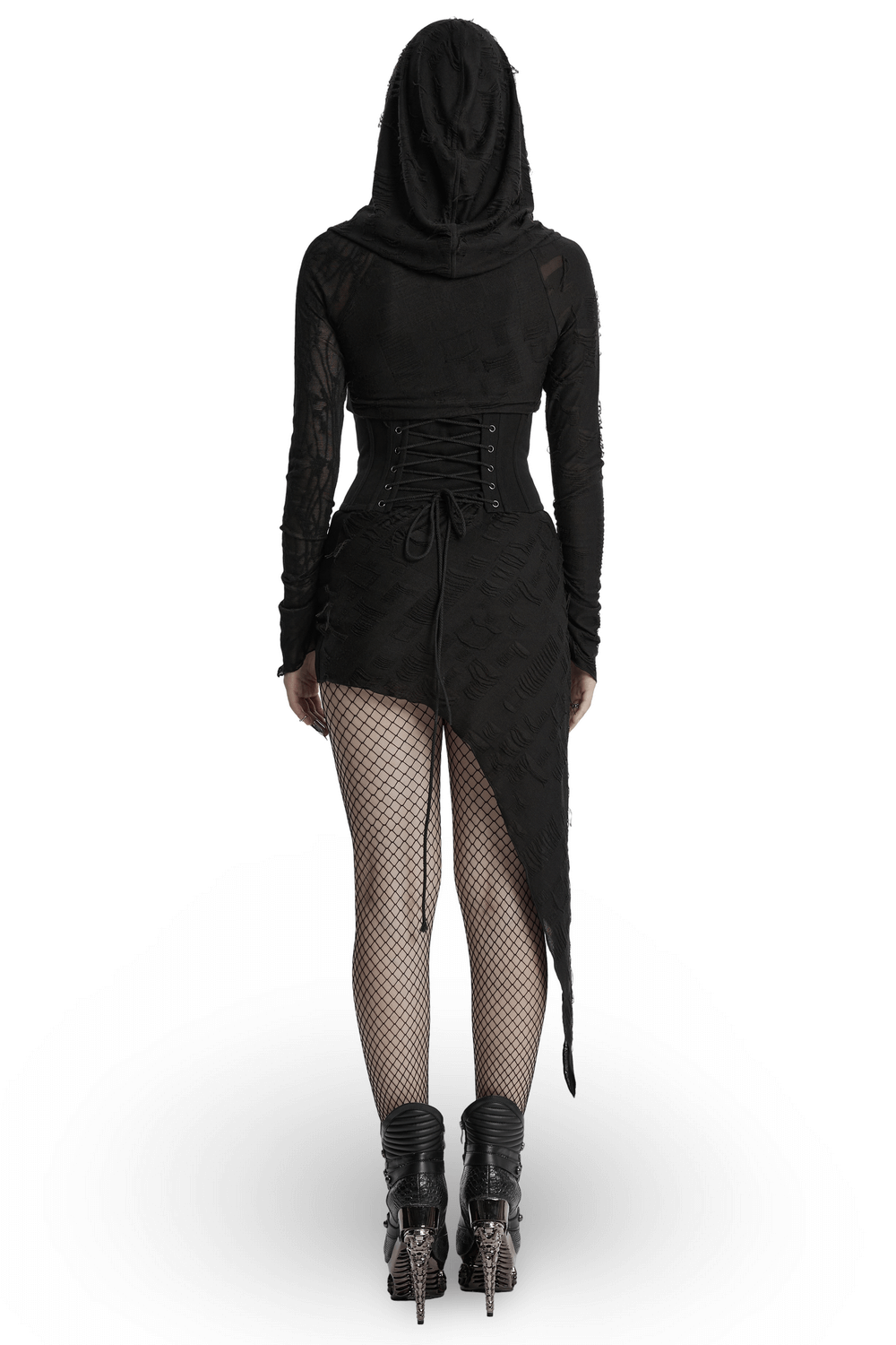 Punk Hooded Dress with Asymmetrical Hem and Textured Mesh