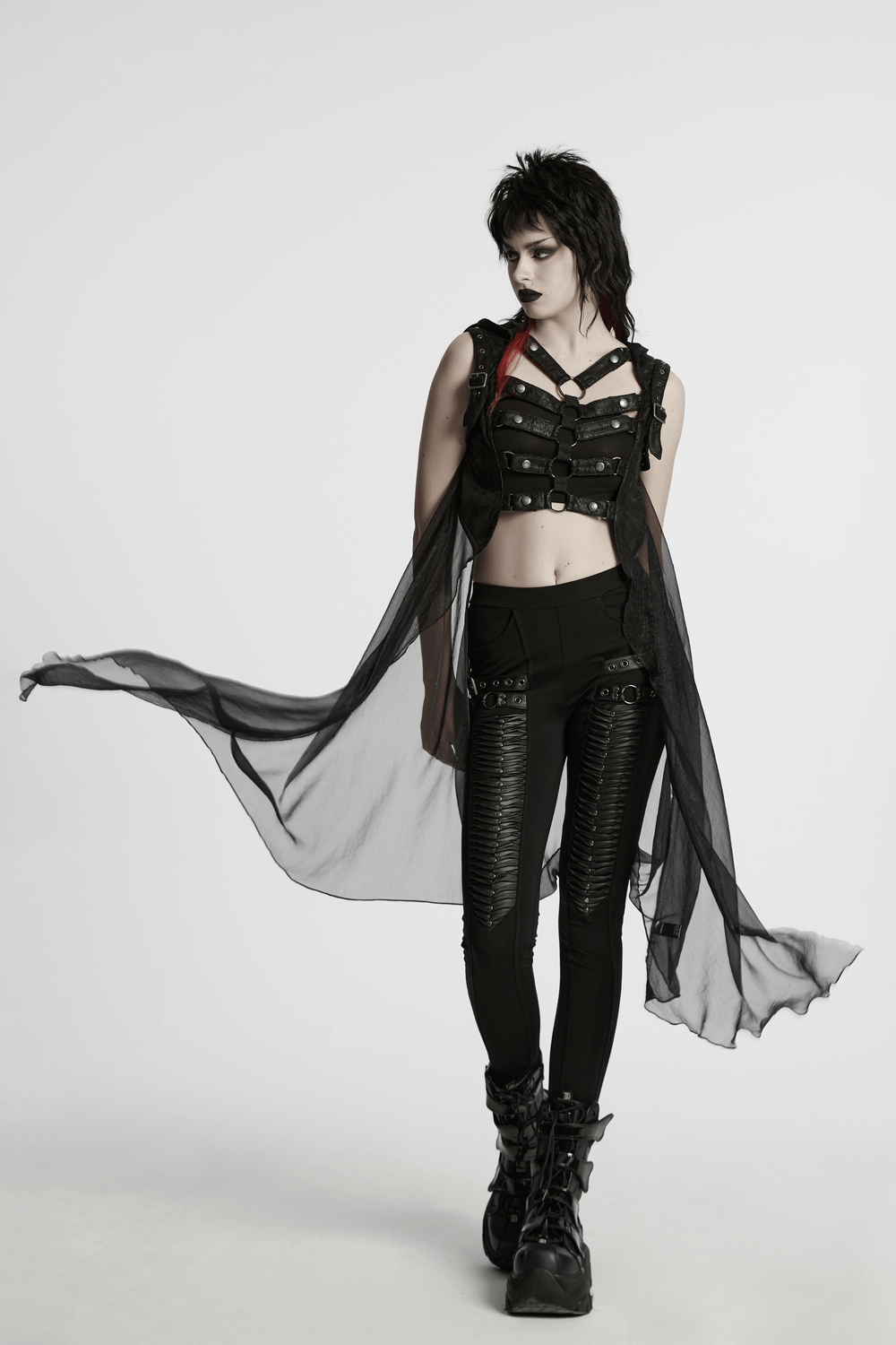 Punk Hooded Skeleton Cape with Metal Rings and Webbing