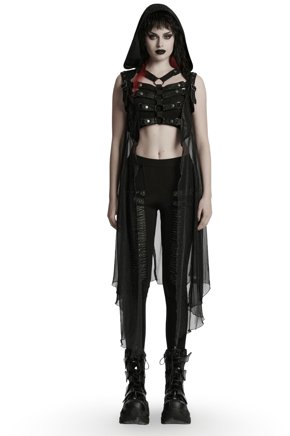 Punk Hooded Skeleton Cape with Metal Rings and Webbing