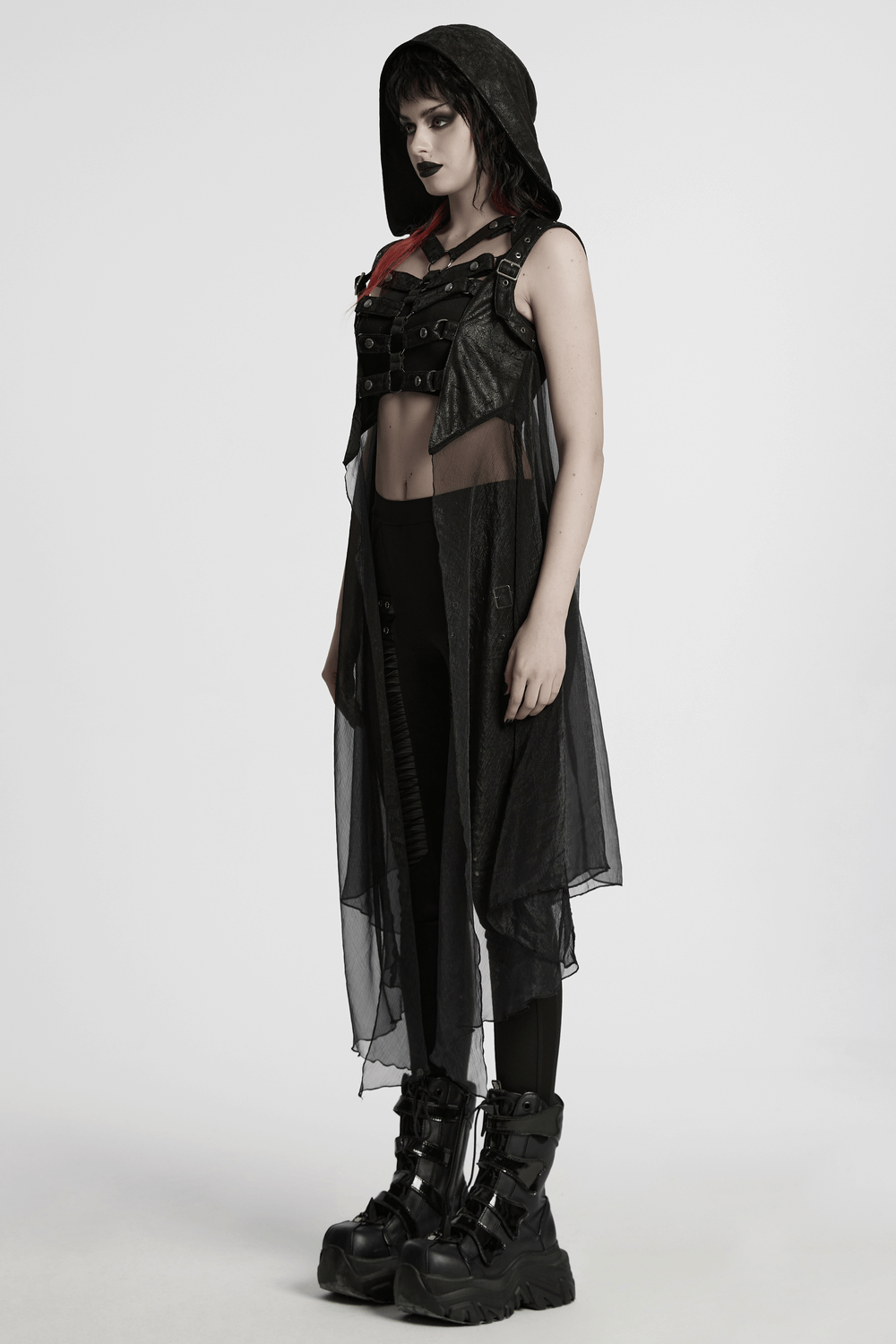 Punk Hooded Skeleton Cape with Metal Rings and Webbing
