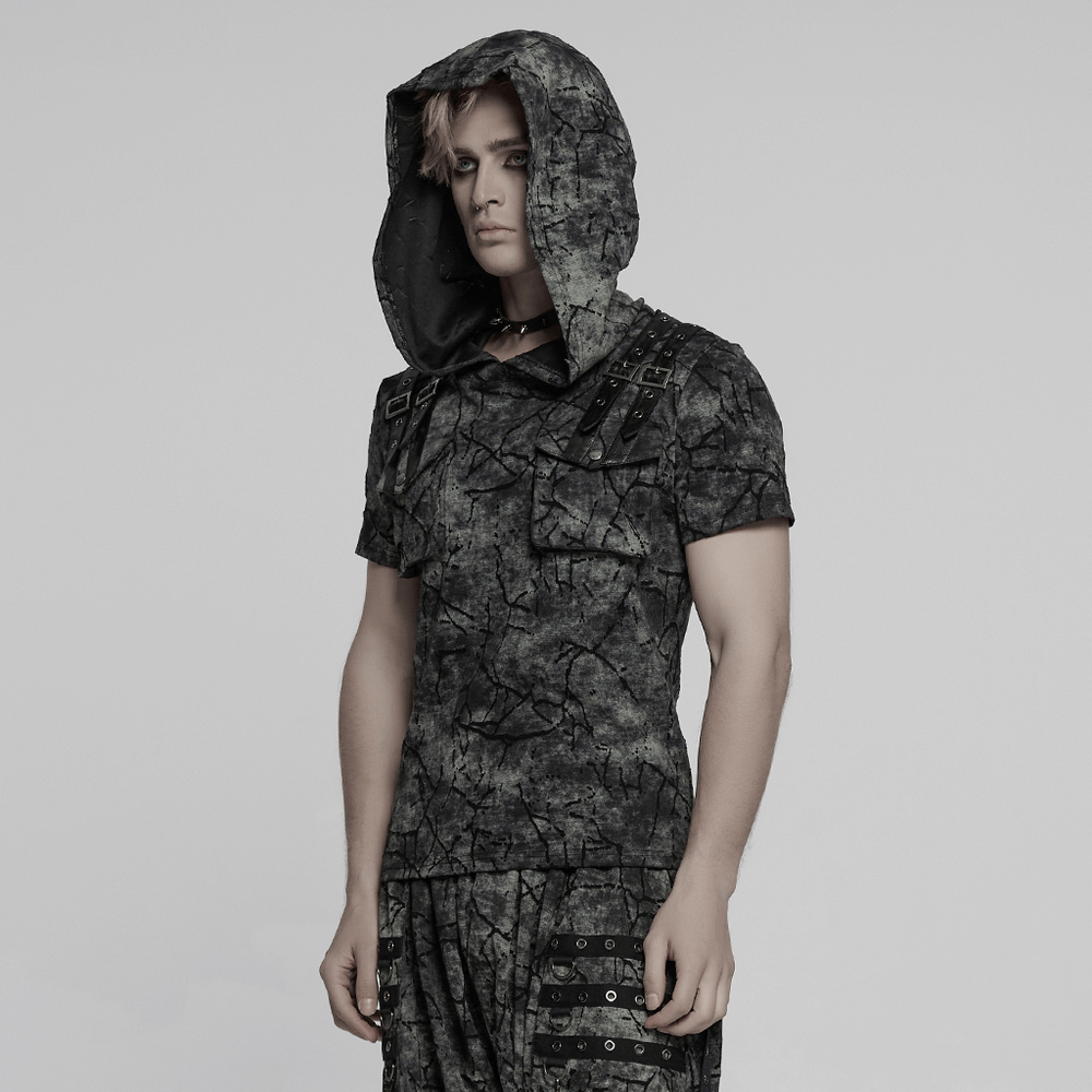 Punk Hooded T-shirt with Cracked Texture and Straps