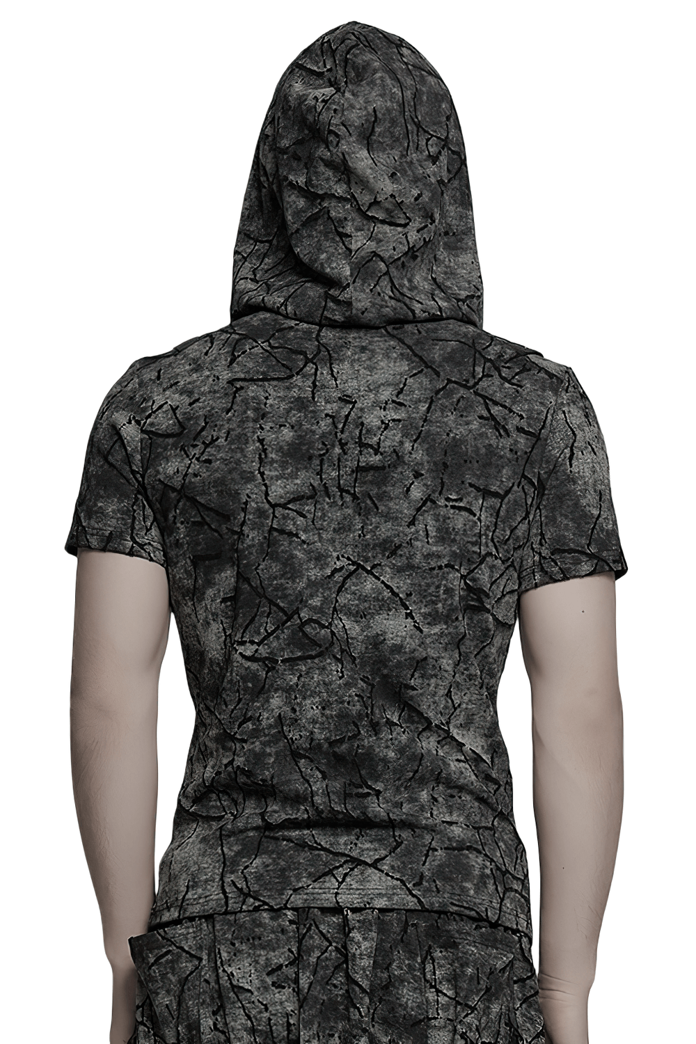 Punk Hooded T-shirt with Cracked Texture and Straps