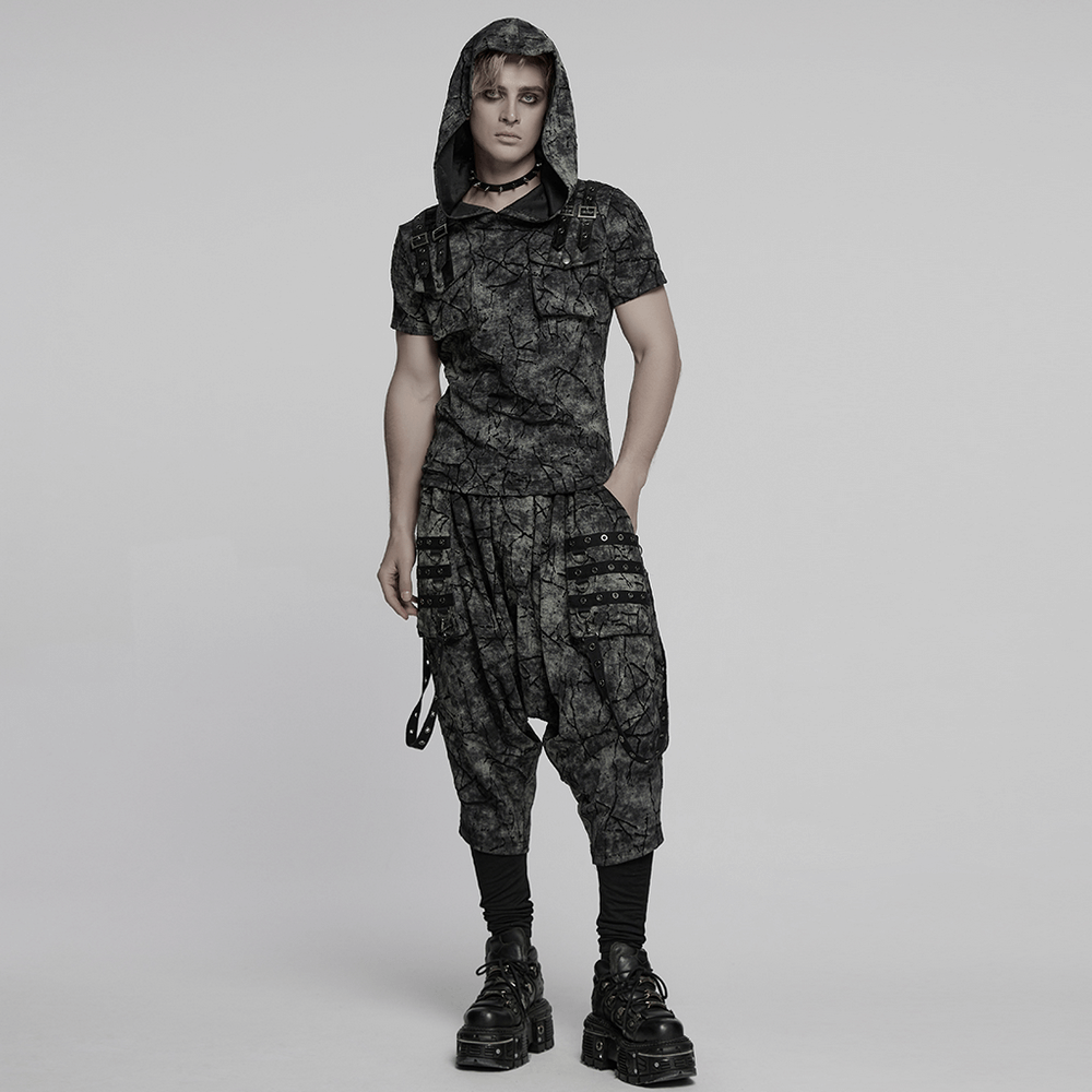 Punk Hooded T-shirt with Cracked Texture and Straps