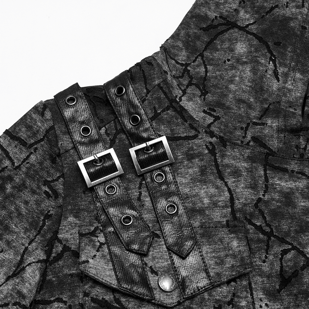 Punk Hooded T-shirt with Cracked Texture and Straps