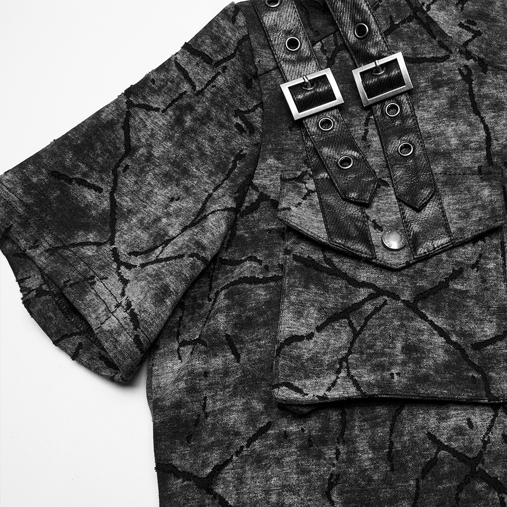 Punk Hooded T-shirt with Cracked Texture and Straps