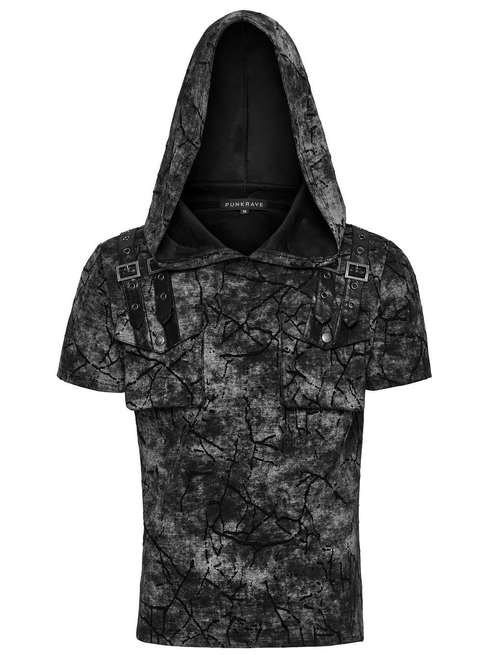 Punk Hooded T-shirt with Cracked Texture and Straps
