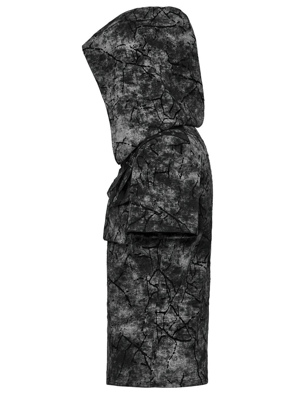 Punk Hooded T-shirt with Cracked Texture and Straps