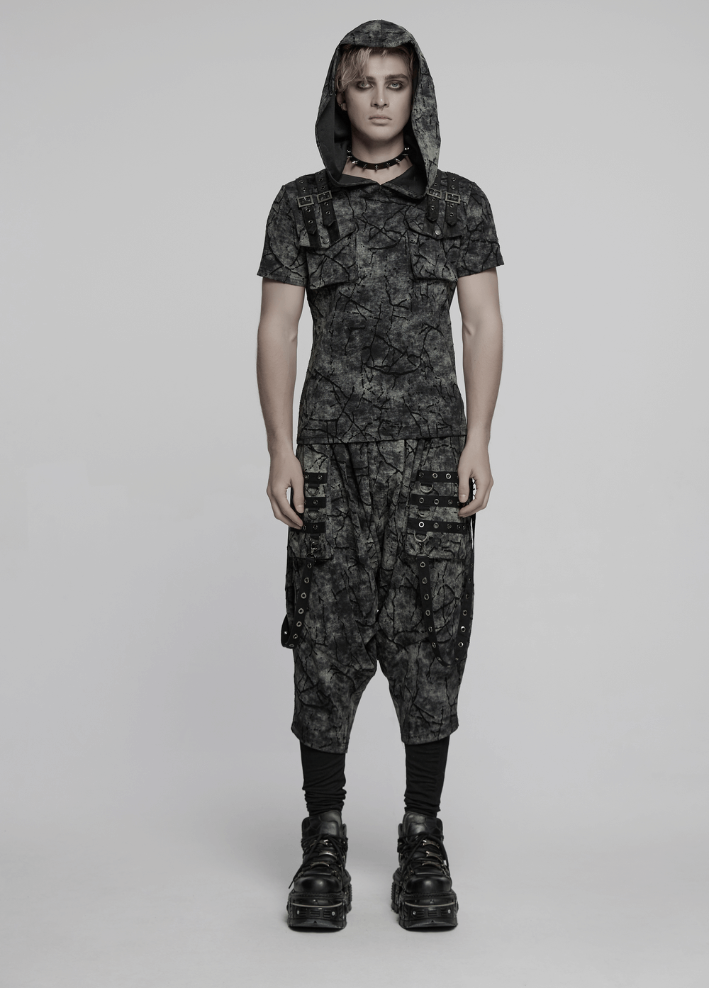 Punk Hooded T-shirt with Cracked Texture and Straps