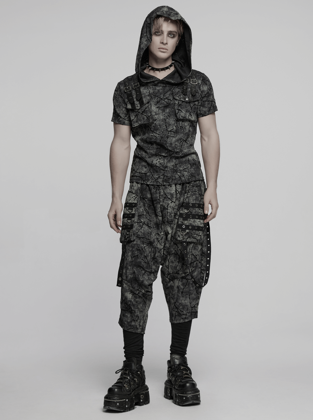 Punk Hooded T-shirt with Cracked Texture and Straps
