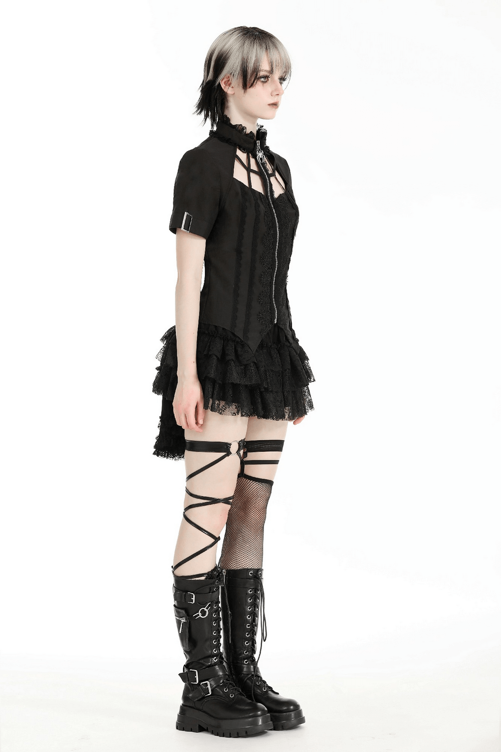 Punk Irregular Stand Collar Blouse with Short Sleeves