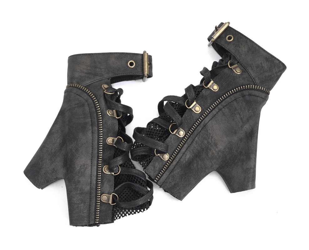 Punk Lace-up Mesh Faux Leather Half Gloves / Men's Gloves with Buckle and Decorative Zip