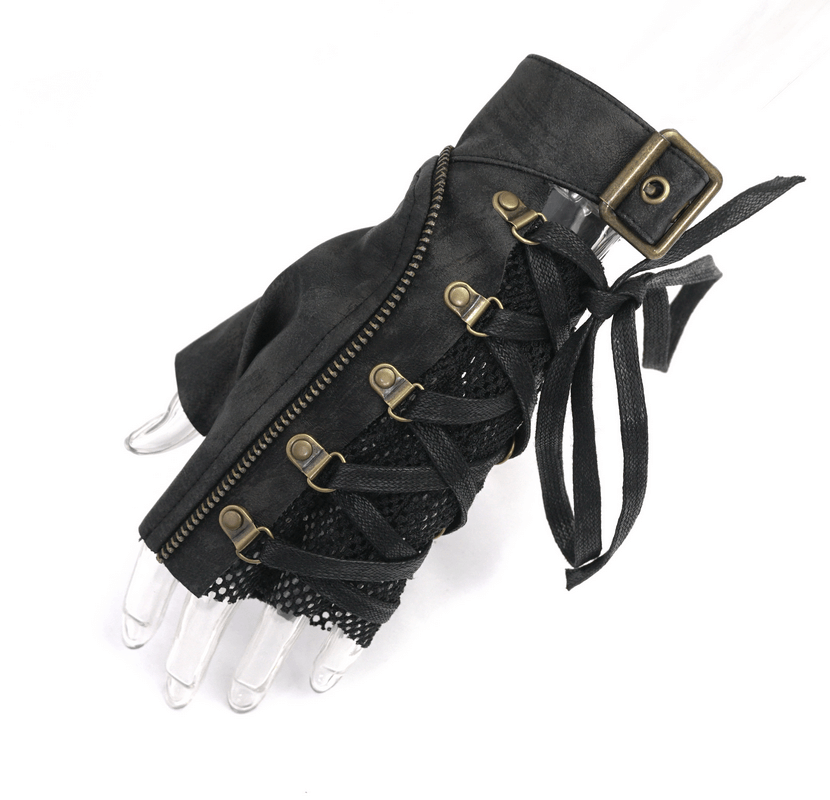 Punk Lace-up Mesh Faux Leather Half Gloves / Men's Gloves with Buckle and Decorative Zip