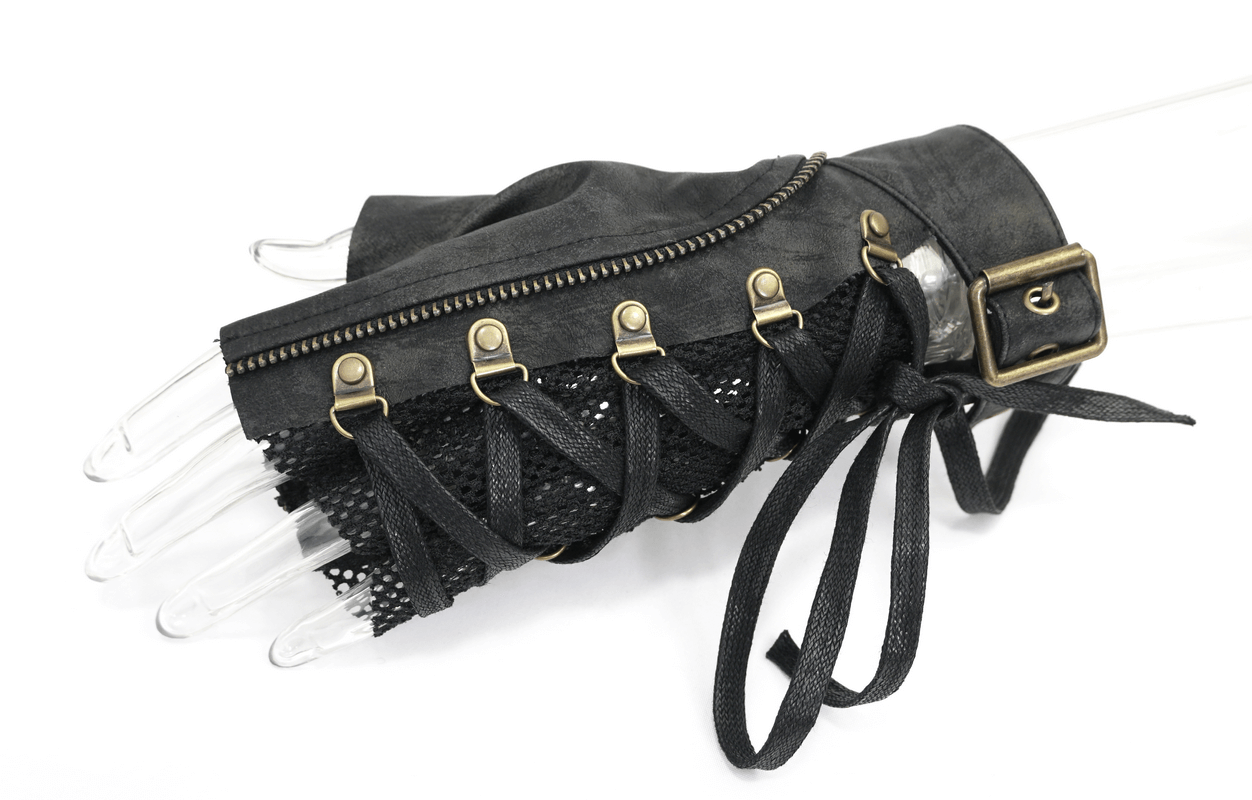 Punk Lace-up Mesh Faux Leather Half Gloves / Men's Gloves with Buckle and Decorative Zip
