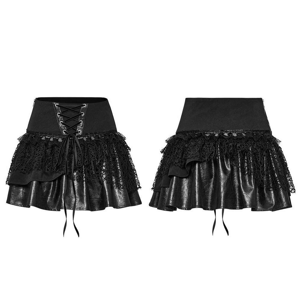 Punk Lace-Up Skirt with Faux Leather and Mesh Detailing