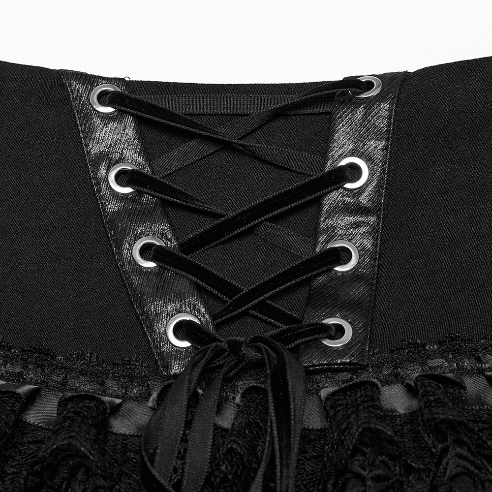 Punk Lace-Up Skirt with Faux Leather and Mesh Detailing