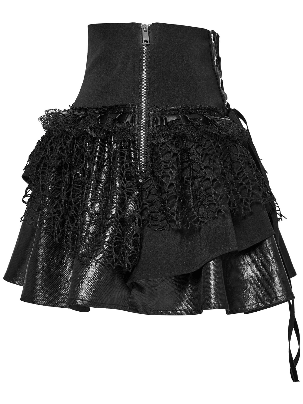 Punk Lace-Up Skirt with Faux Leather and Mesh Detailing